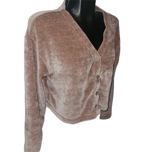 Old Navy Tan Chenille Cropped V-Neck Button-Up Sweater S